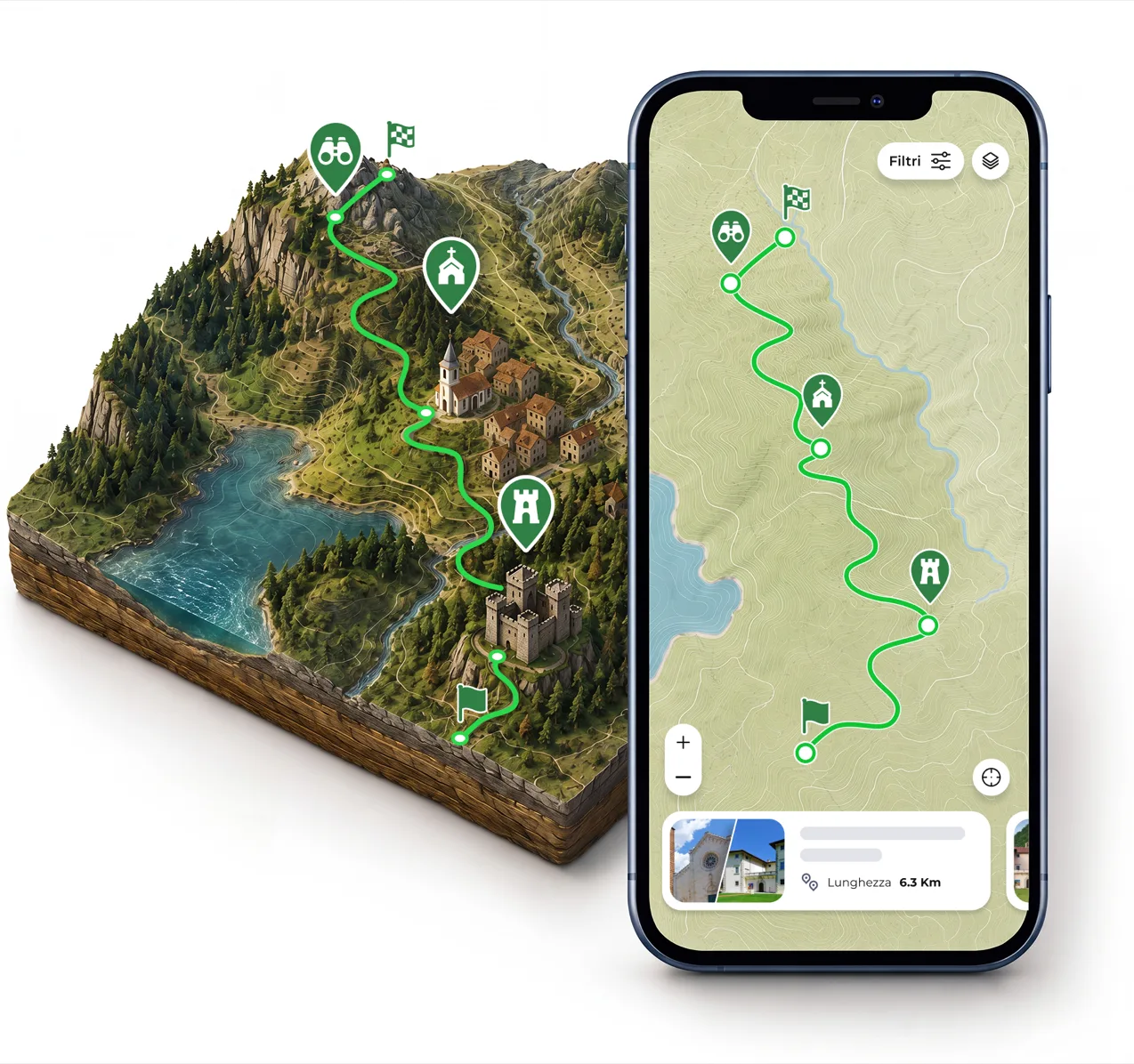 Territorio in 3D con un sentiero segnato e, accanto, uno smartphone con la mappa dello stesso percorso nell'app Webmapp
