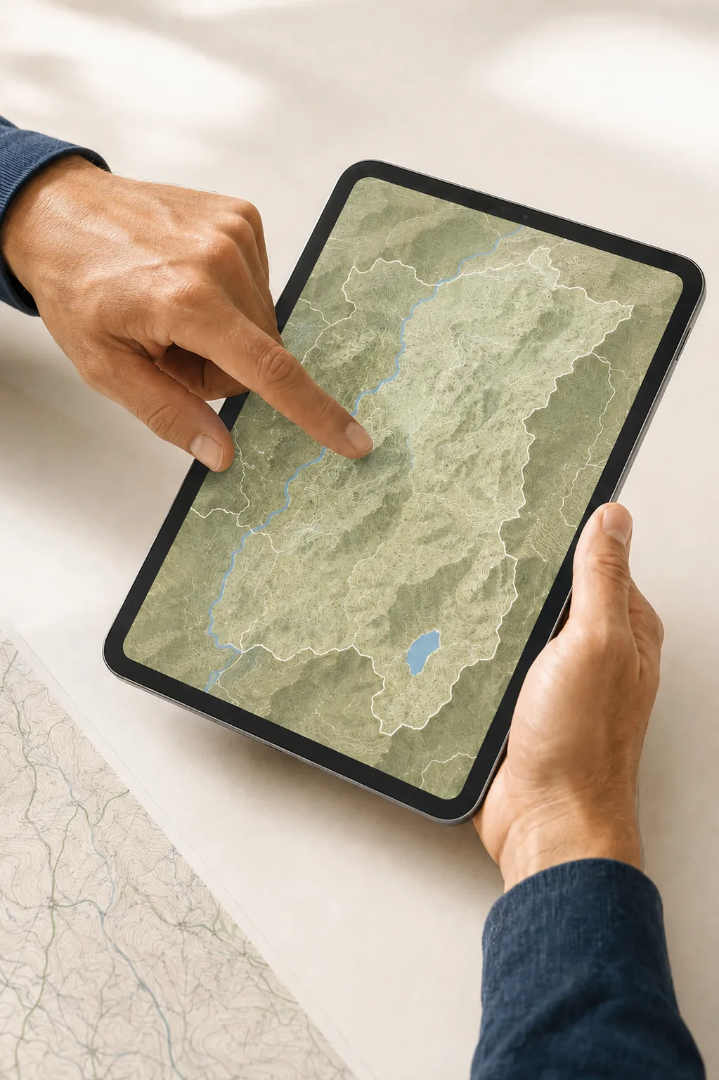 Mani che indicano un territorio su una mappa in rilievo mostrata su un tablet