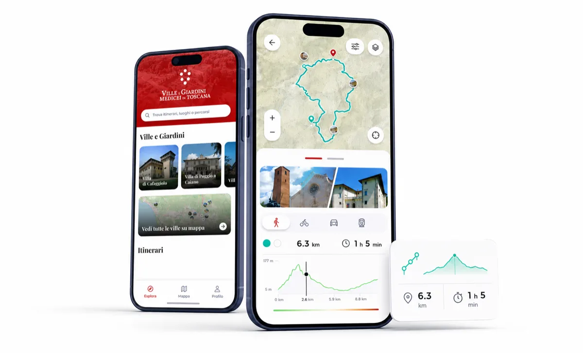 Due smartphone con l'app di un territorio: elenco dei luoghi e mappa di un percorso con profilo altimetrico