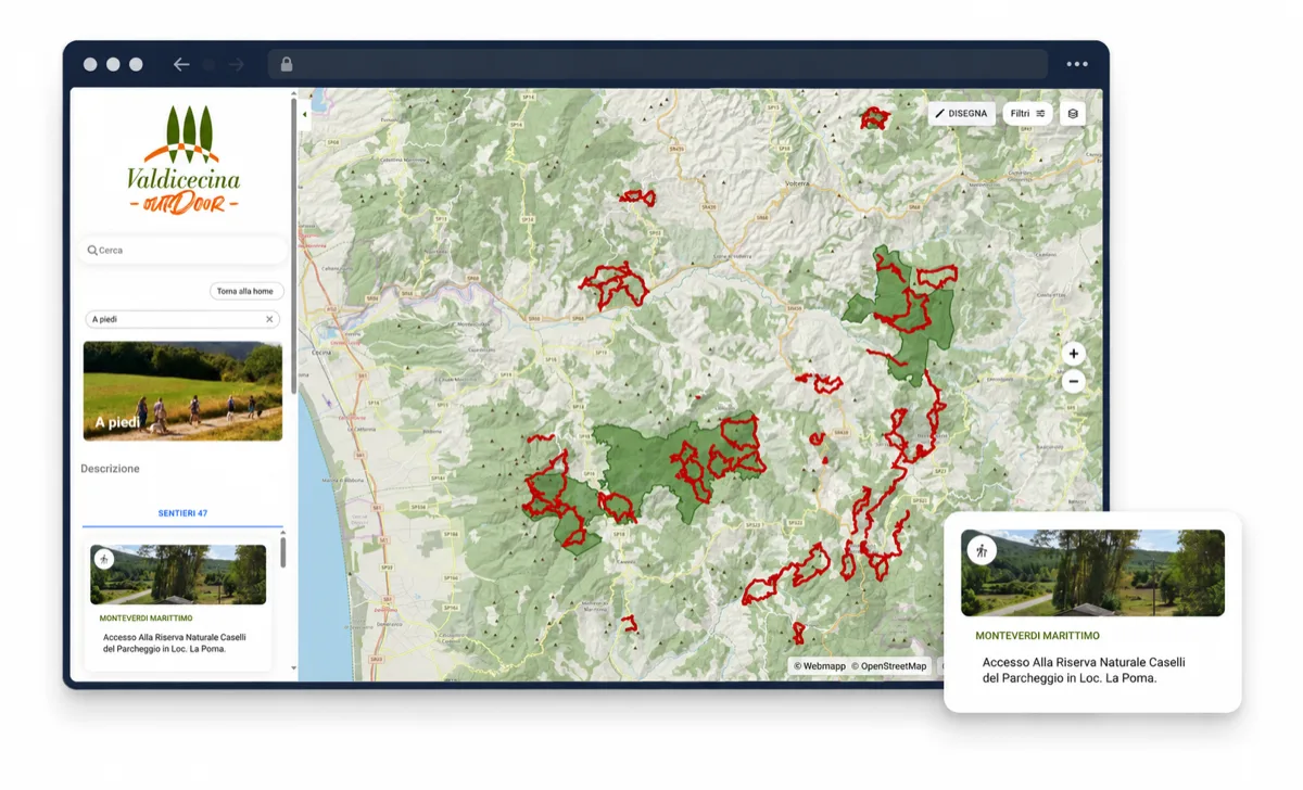 Sito web con una mappa interattiva dei percorsi integrata nella pagina